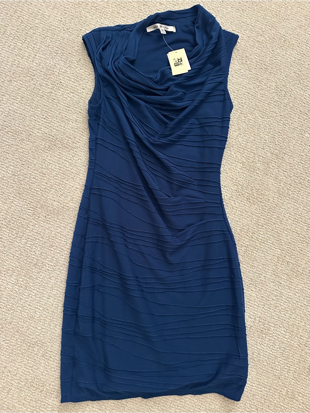 Max Studio Navy Textured Cowl Neck Midi Dress